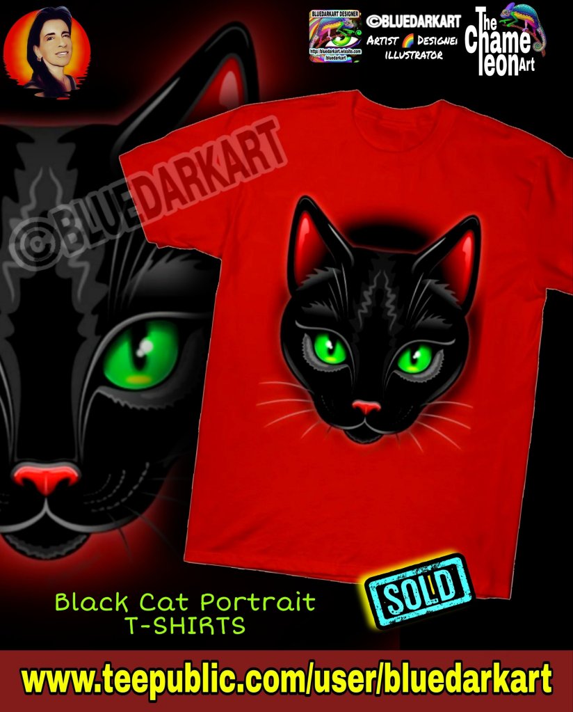Black Cat Portrait TShirt 🐈‍⬛ Design © BluedarkArt TheChameleonArt


