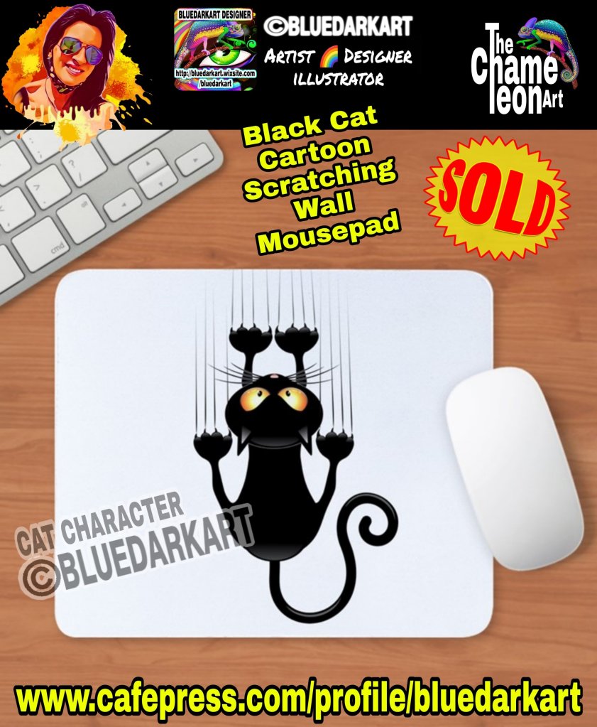 Black Cat Cartoon Scratching Wall Mousepad 🐈‍⬛ Design ©️ BluedarkArt TheChameleonArt

