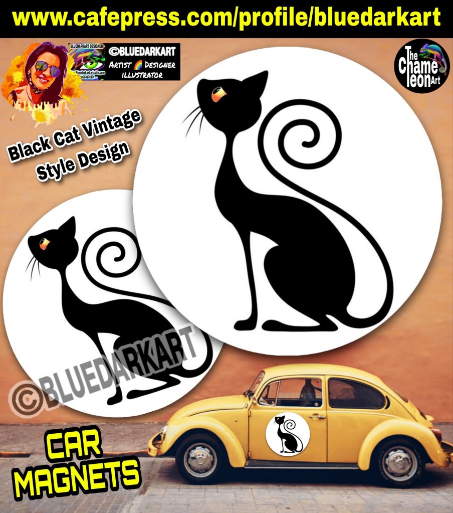 Black Cat Vintage Style Design Car Magnets 🐈‍⬛ Design ©️ BluedarkArt TheChameleonArt

