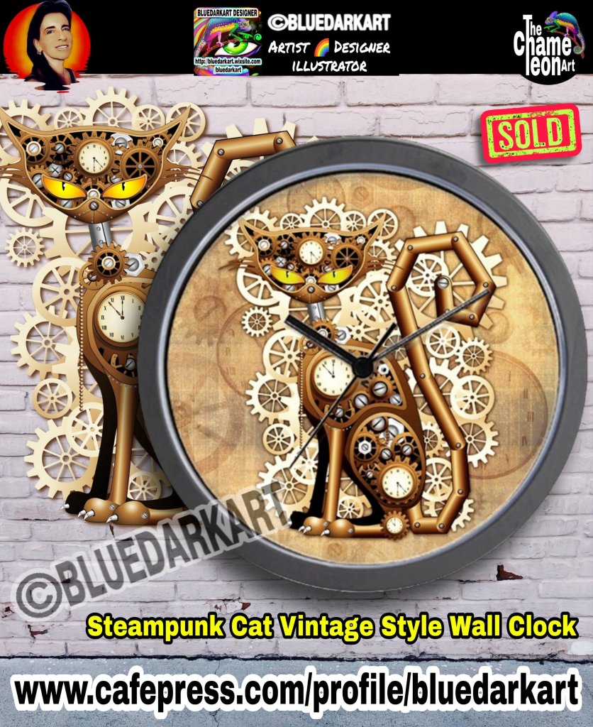 Steampunk Cat Vintage Style Wall Clock ⚙️ Design ©️ BluedarkArt TheChameleonArt

